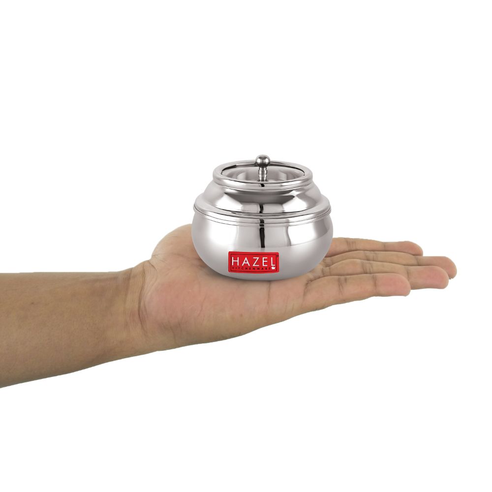 HAZEL Stainless Steel Ghee Pot with Spoon & See Through Lid | Oil Containers for Kitchen | Ghee Storage Container with Glossy Finish, 200 ML