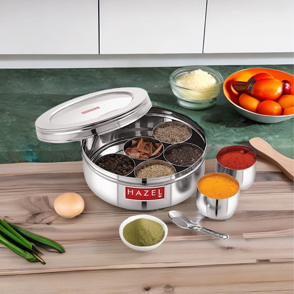 HAZEL Masala Container See Through for Kitchen | Stainless Steel Kitchen Masala Dabba | Big Steel Masala Storage Container Set of 7 Small Masala Jars and Spoon