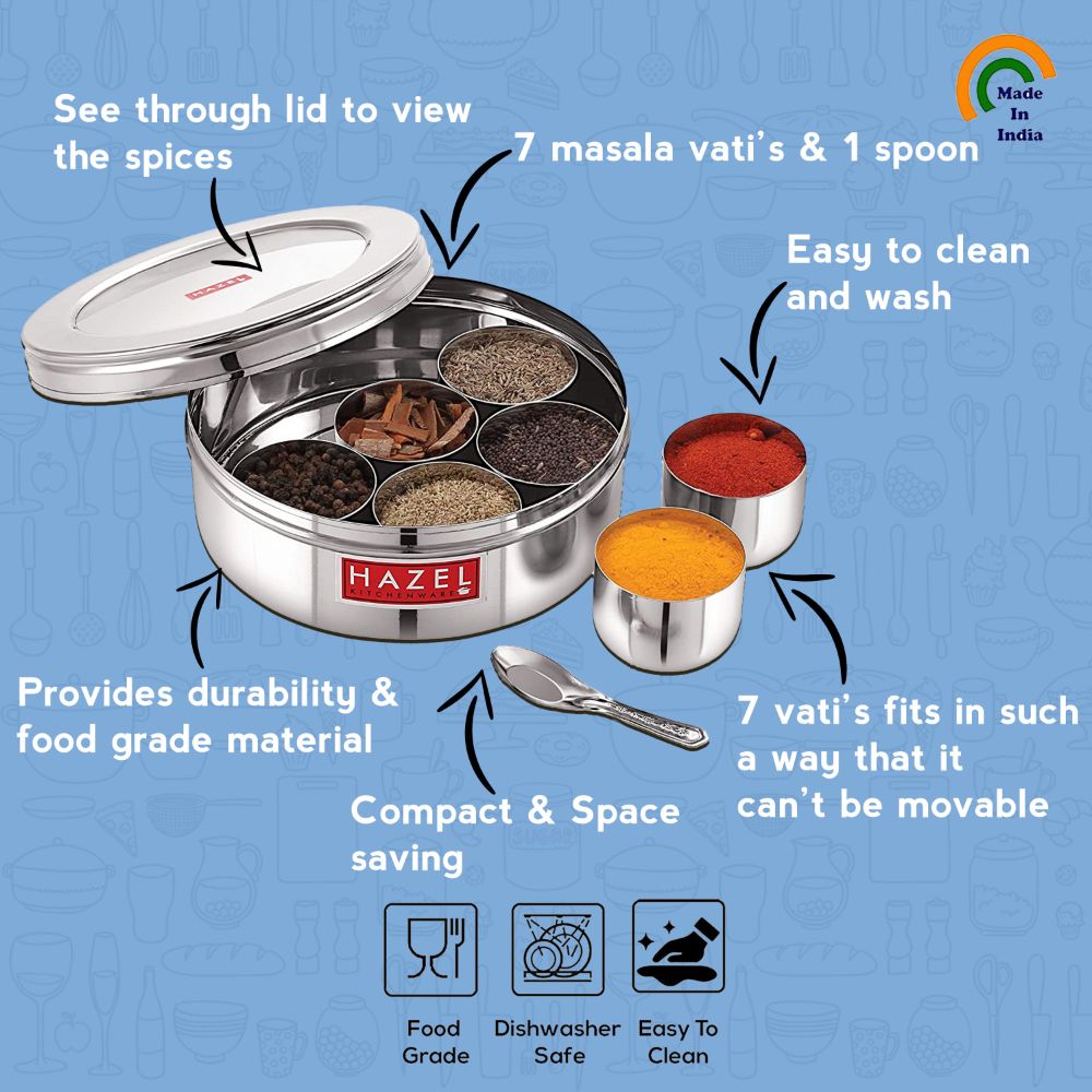 HAZEL Masala Container See Through for Kitchen | Stainless Steel Kitchen Masala Dabba | Big Steel Masala Storage Container Set of 7 Small Masala Jars and Spoon