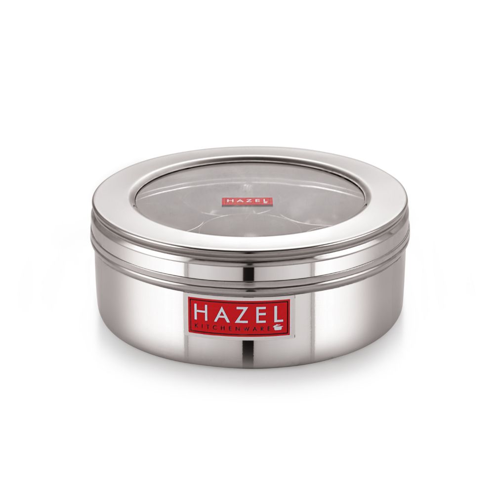HAZEL Masala Container See Through for Kitchen | Stainless Steel Kitchen Masala Dabba | Big Steel Masala Storage Container Set of 7 Small Masala Jars and Spoon