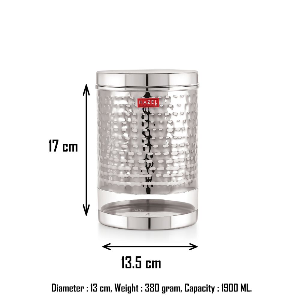 HAZEL Stainless Steel Container For Kitchen Storage Hammered Finish Transparent See Through Glossy Storage Jar Dabba, Set of 1, 1900 ML, Silver