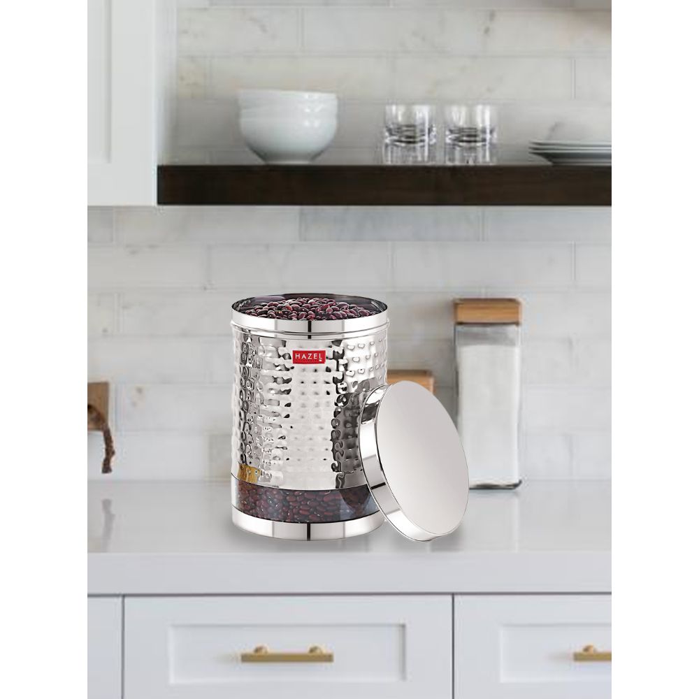 HAZEL Stainless Steel Container For Kitchen Storage Hammered Finish Transparent See Through Glossy Storage Jar Dabba, Set of 1, 2500 ML, Silver