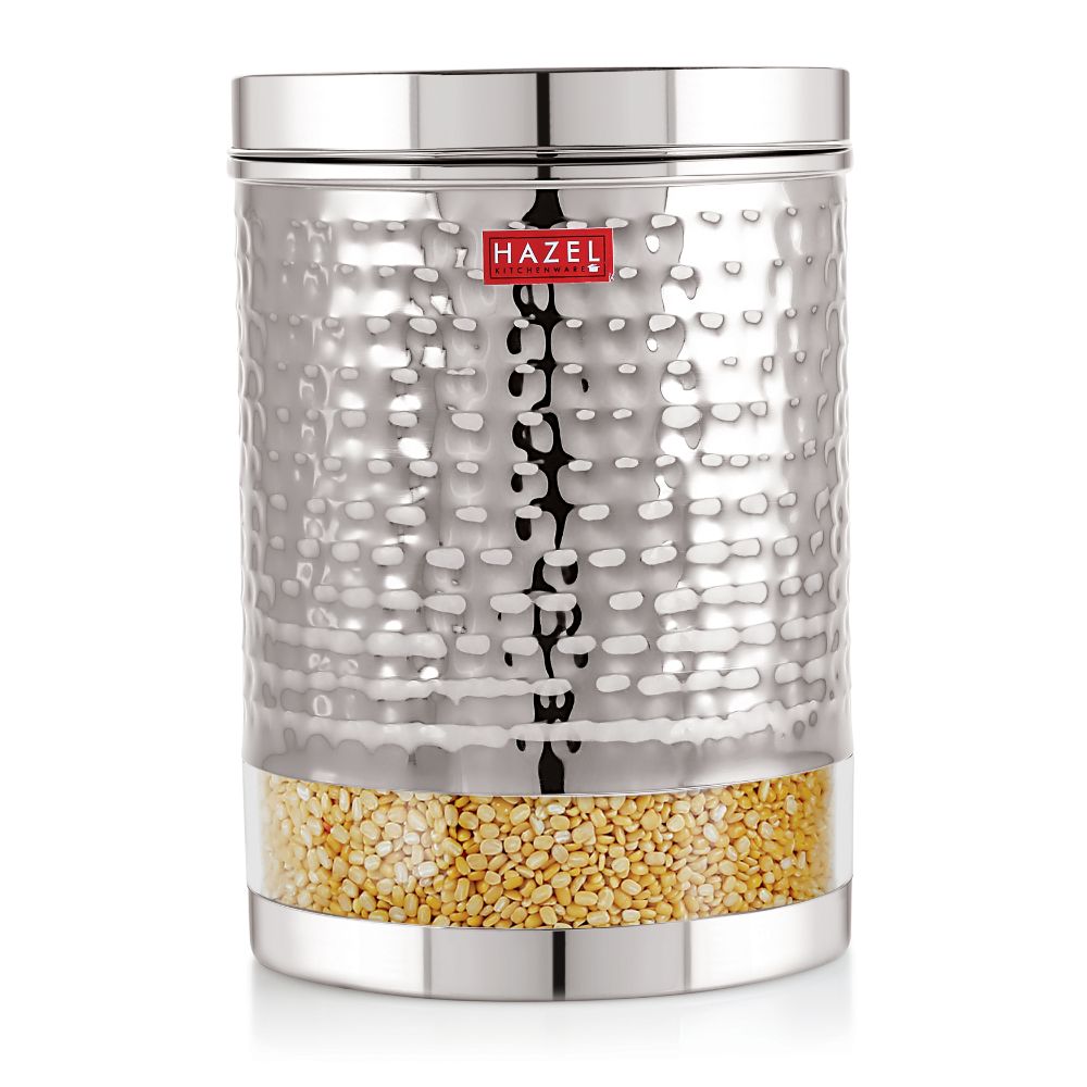 HAZEL Stainless Steel Container For Kitchen Storage Hammered Finish Transparent See Through Glossy Storage Jar Dabba, Set of 1, 2500 ML, Silver
