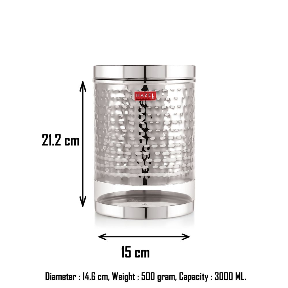 HAZEL Stainless Steel Container For Kitchen Storage Hammered Finish Transparent See Through Glossy Storage Jar Dabba, Set of 1, 3000 ML, Silver