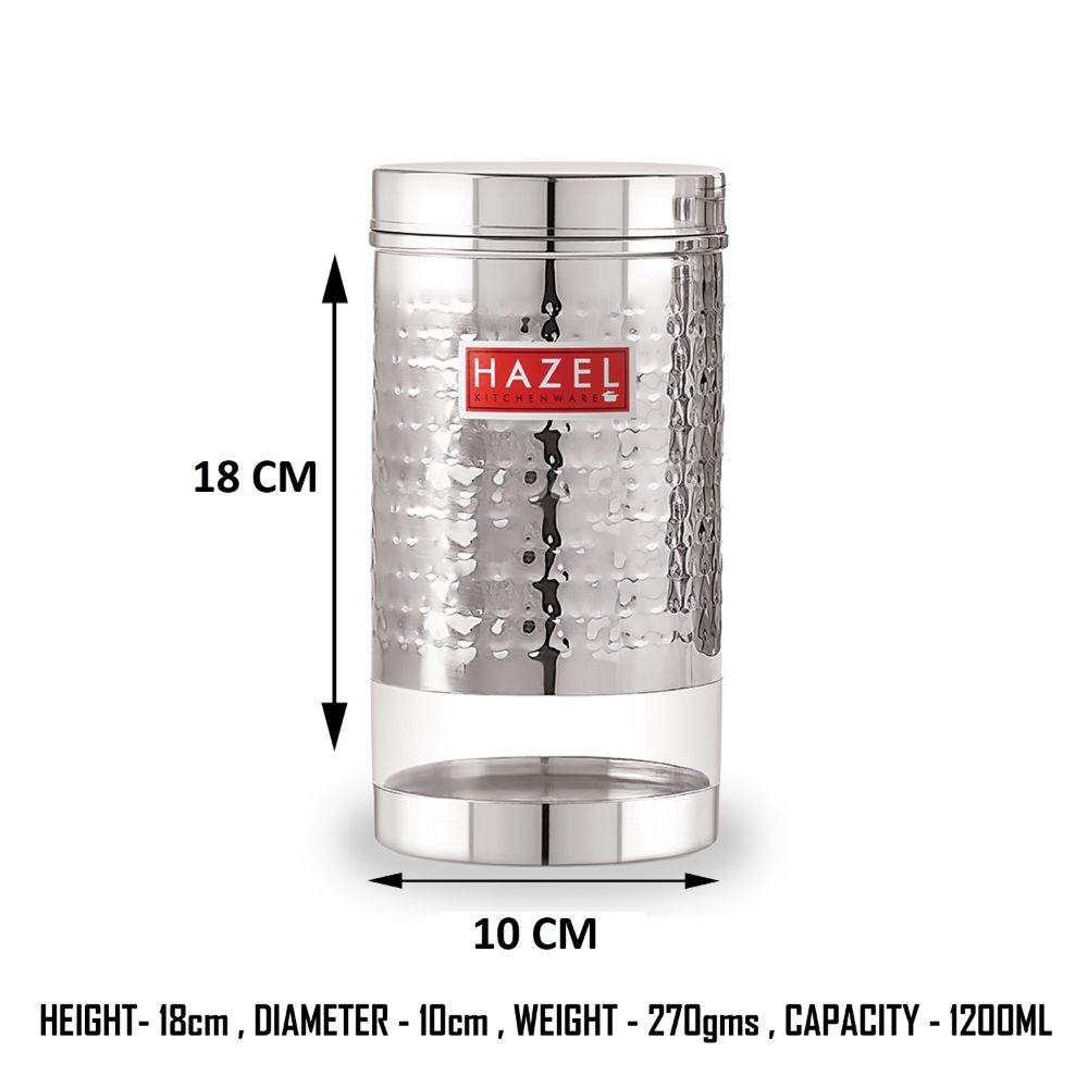 HAZEL Stainless Steel Container For Kitchen Storage Hammered Finish Transparent See Through Glossy Storage Jar Dabba, Set of 1, 1200 ML, Silver