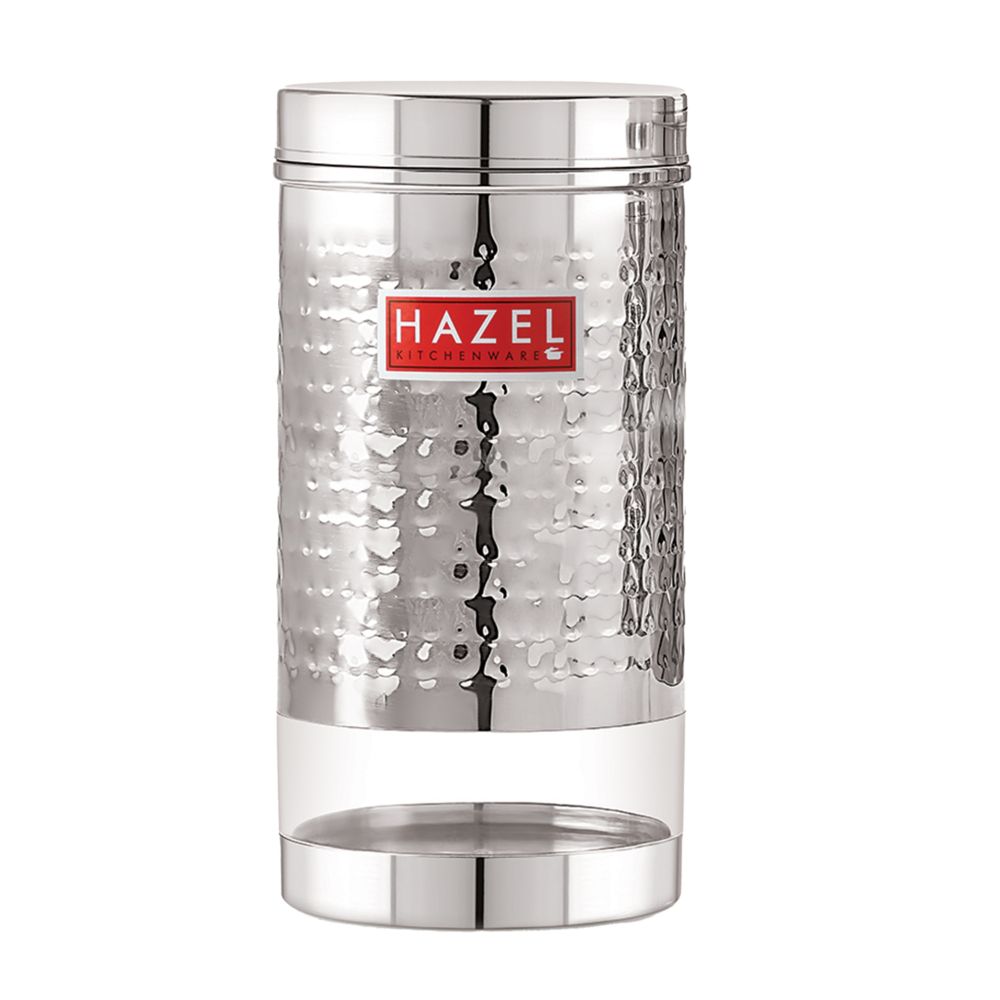 HAZEL Stainless Steel Container For Kitchen Storage Hammered Finish Transparent See Through Glossy Storage Jar Dabba, Set of 1, 1700 ML, Silver