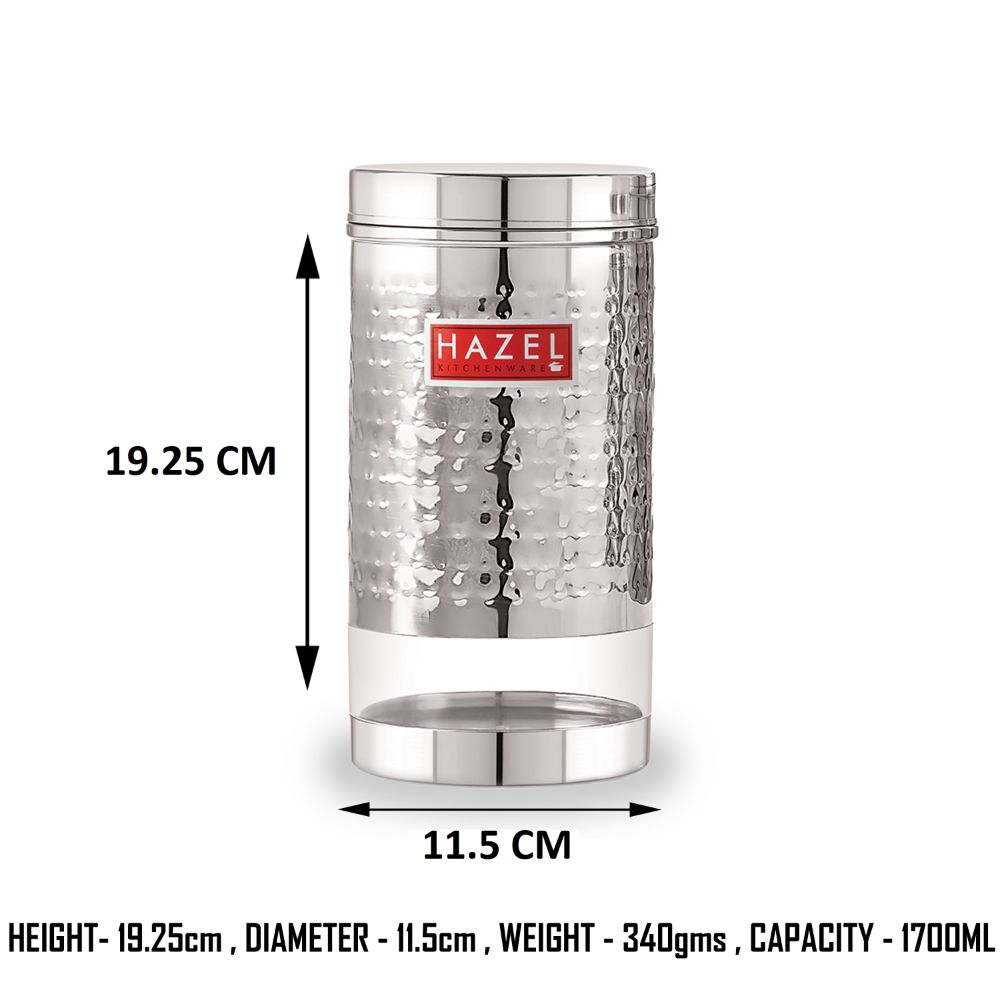 HAZEL Stainless Steel Container For Kitchen Storage Hammered Finish Transparent See Through Glossy Storage Jar Dabba, Set of 1, 1700 ML, Silver