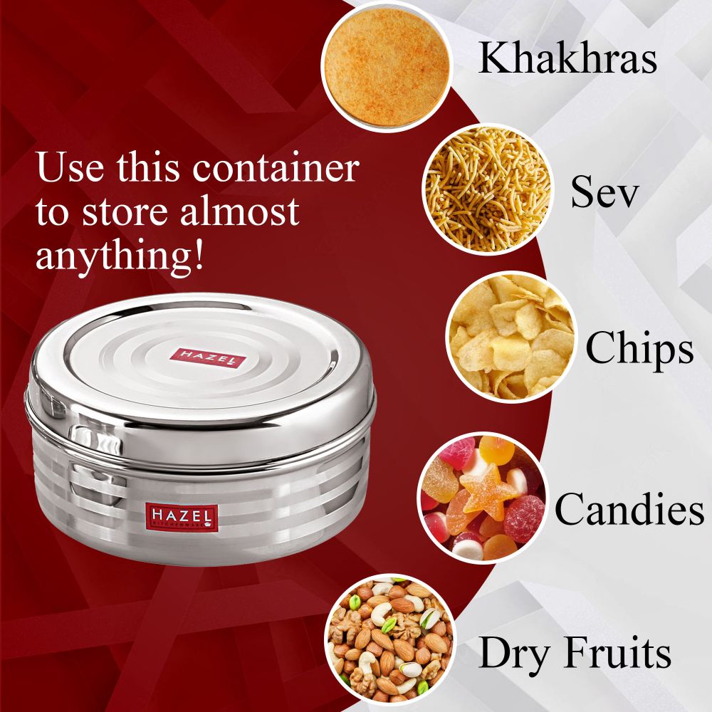 HAZEL Small Stainless Steel Container | Round Container For Kitchen | Container For Kitchen Storage| Small Steel Dabba of Capacity 550 ml