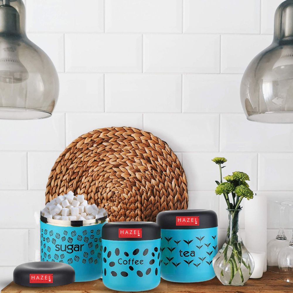 HAZEL Tea Sugar Coffee Container Set of 3 | TSC Stainless Steel Containers For Kitchen | Kitchen Storage Canisters 300 ml to 600 ml, Blue