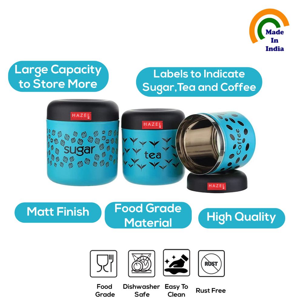 HAZEL Tea Sugar Coffee Container Set of 3 | TSC Stainless Steel Containers For Kitchen | Kitchen Storage Canisters 300 ml to 600 ml, Blue