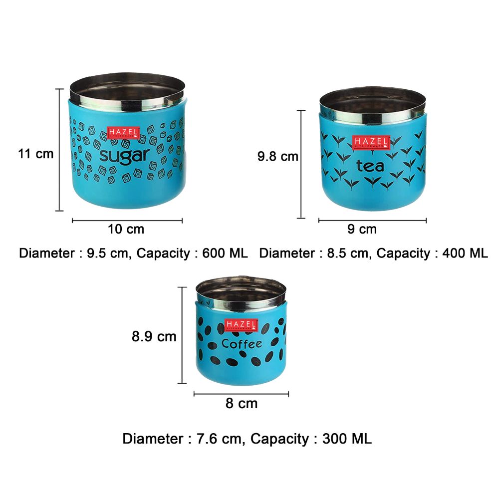 HAZEL Tea Sugar Coffee Container Set of 3 | TSC Stainless Steel Containers For Kitchen | Kitchen Storage Canisters 300 ml to 600 ml, Blue