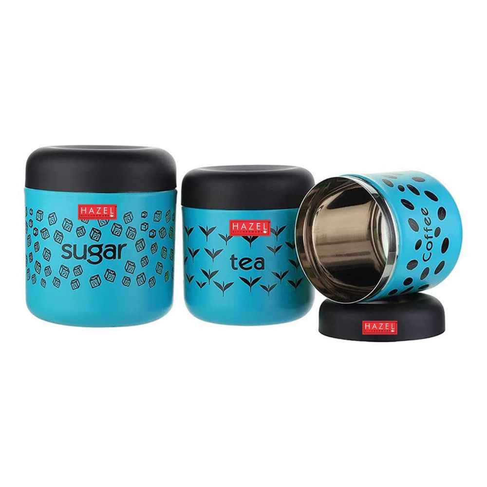 HAZEL Tea Sugar Coffee Container Set of 3 | TSC Stainless Steel Containers For Kitchen | Kitchen Storage Canisters 300 ml to 600 ml, Blue