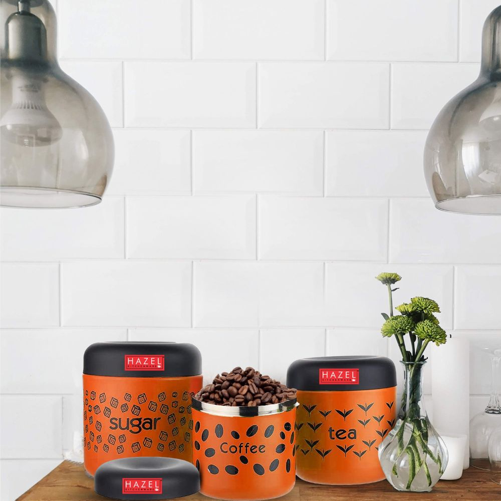 HAZEL Tea Sugar Coffee Container Set of 3 | TSC Stainless Steel Containers For Kitchen | Kitchen Storage Canisters 300 ml to 600 ml, Orange