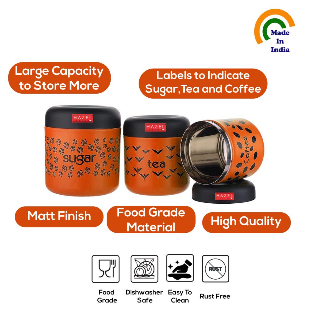 HAZEL Tea Sugar Coffee Container Set of 3 | TSC Stainless Steel Containers For Kitchen | Kitchen Storage Canisters 300 ml to 600 ml, Orange
