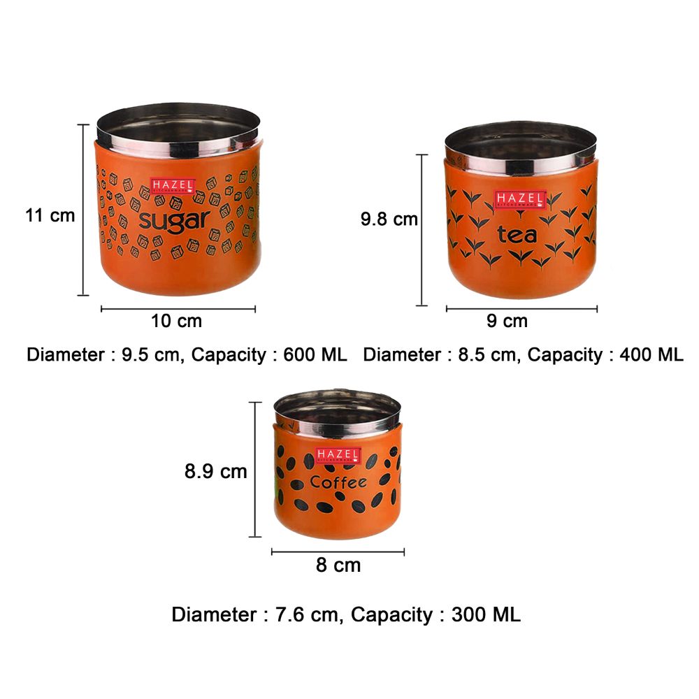HAZEL Tea Sugar Coffee Container Set of 3 | TSC Stainless Steel Containers For Kitchen | Kitchen Storage Canisters 300 ml to 600 ml, Orange