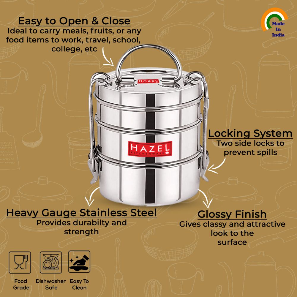 HAZEL Tiffin Box for Office With 3 Containers | Stainless Steel Lunch Box
