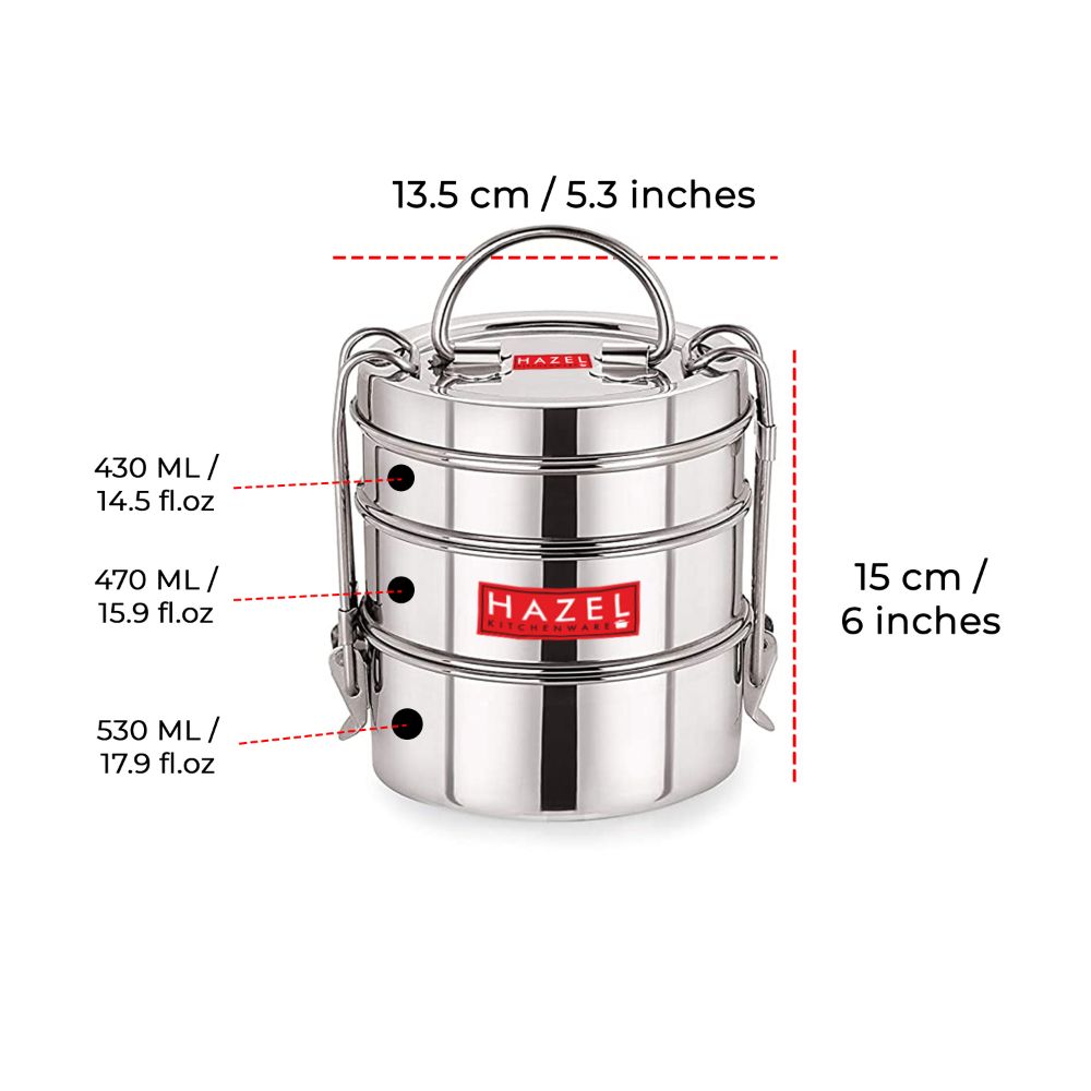 HAZEL Tiffin Box for Office With 3 Containers | Stainless Steel Lunch Box
