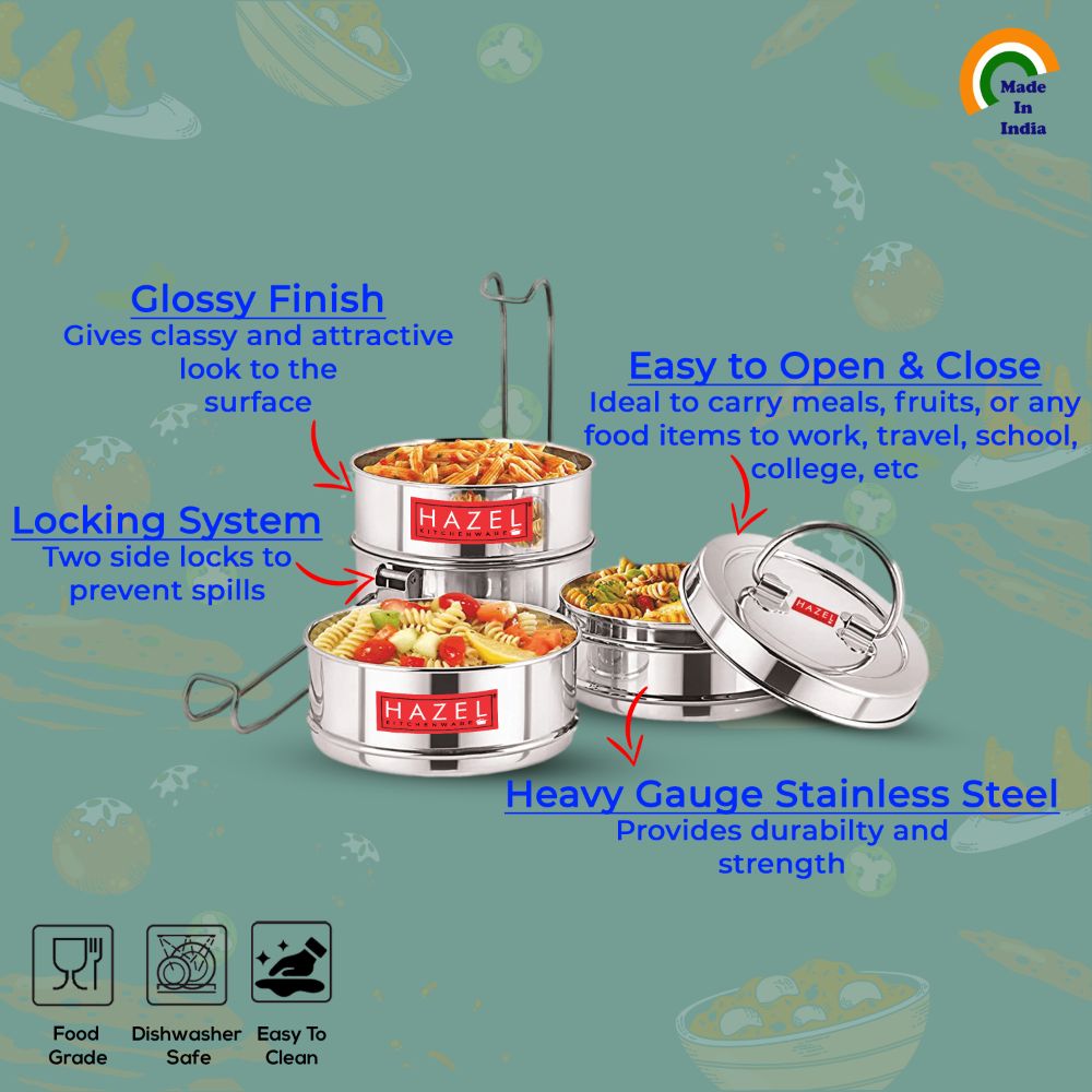HAZEL Stainless Steel Lunch Box With 3 Containers | Tiffin Box for Office With Airtight lid
