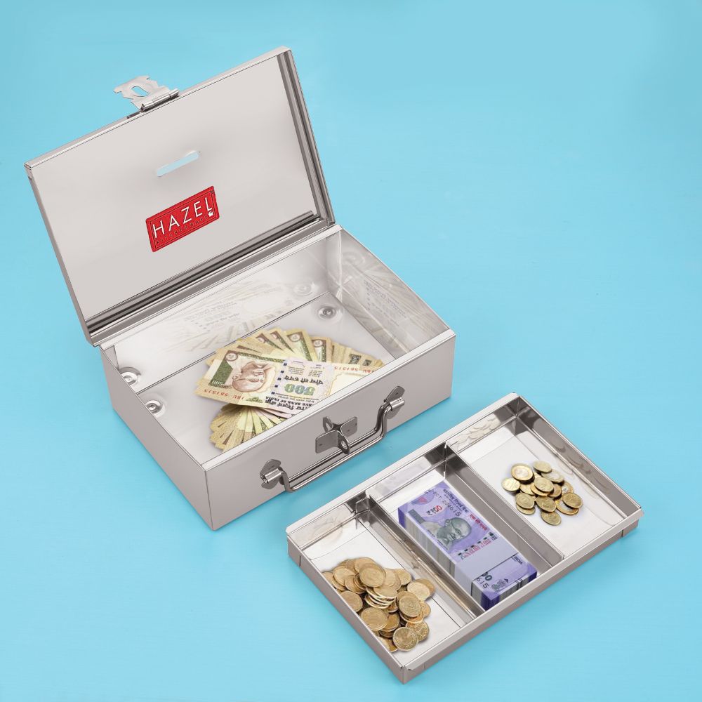 HAZEL Stainless Steel Cash Box for Shop Counter Drawer | Locking Metal Box for Cash with 4 Compartments for Adults, Large