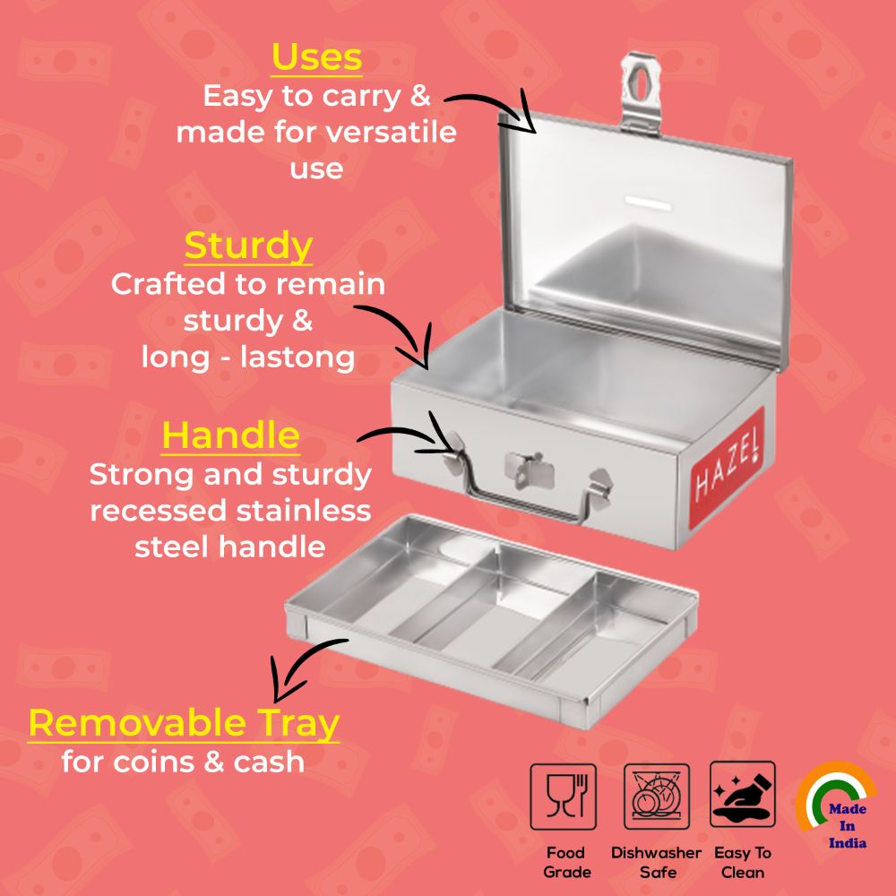 HAZEL Stainless Steel Cash Box for Shop Counter Drawer | Locking Metal Box for Cash with 4 Compartments for Adults, Large