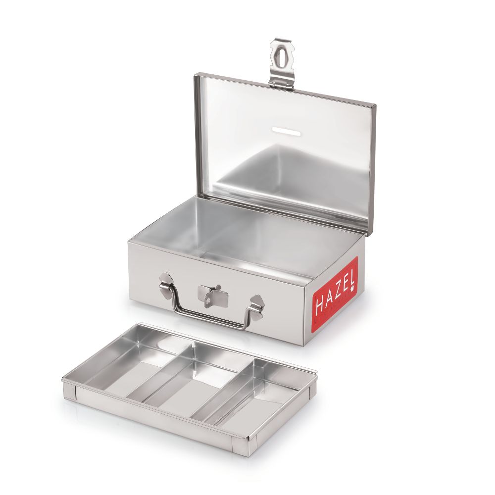 HAZEL Stainless Steel Cash Box for Shop Counter Drawer | Locking Metal Box for Cash with 4 Compartments for Adults, Large