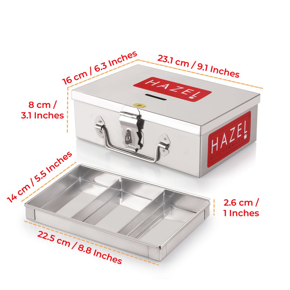 HAZEL Stainless Steel Cash Box for Shop Counter Drawer | Locking Metal Box for Cash with 4 Compartments for Adults, Medium