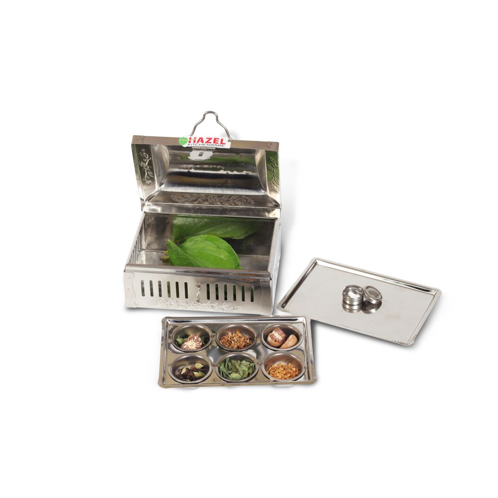 HAZEL Stainless Steel Pandan / Pan Masala Container With 6 Wati Tray, Silver