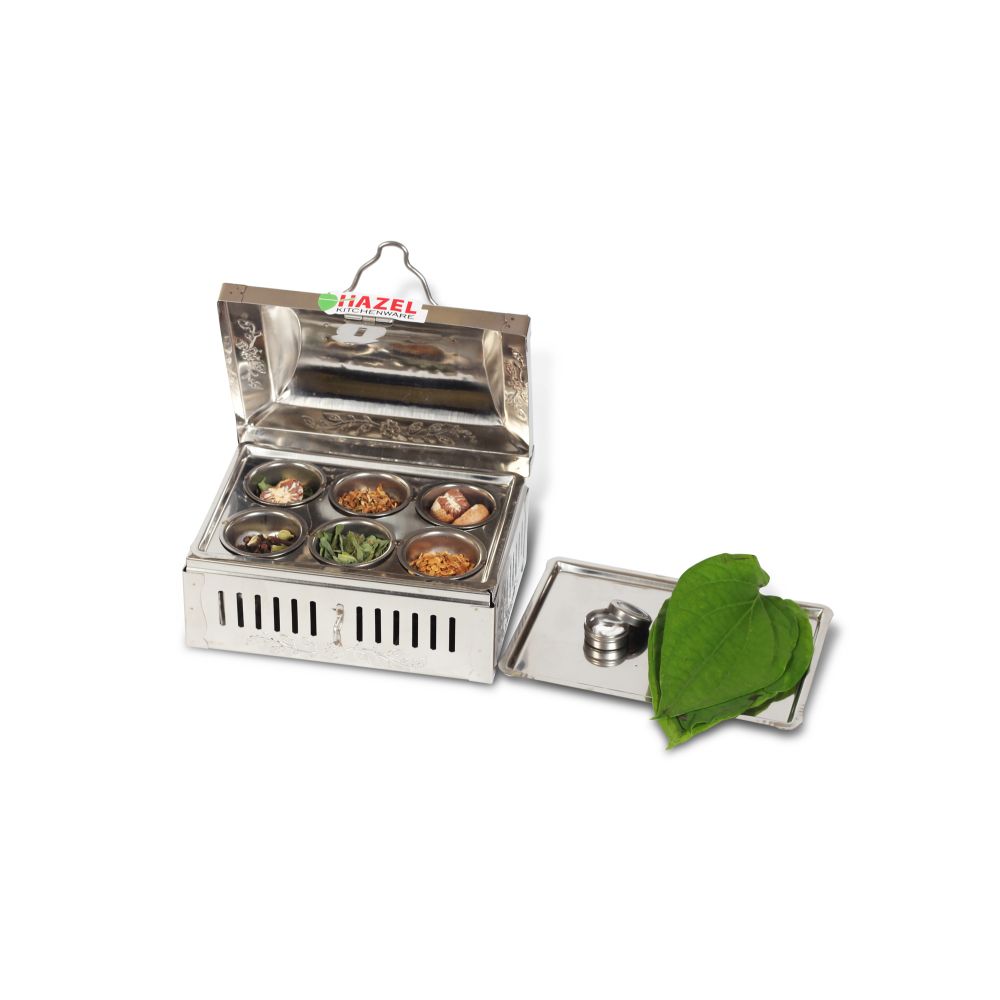 HAZEL Stainless Steel Pandan / Pan Masala Container With 6 Wati Tray, Silver