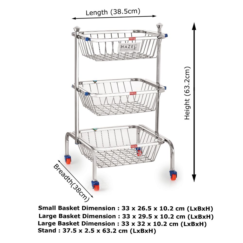 HAZEL Stainless Steel Kitchen Rack Stand For Fruit Vegetable Multipurpose Multi Shelves Storage Basket Trolley with Wheel, 25.28 Inches Height