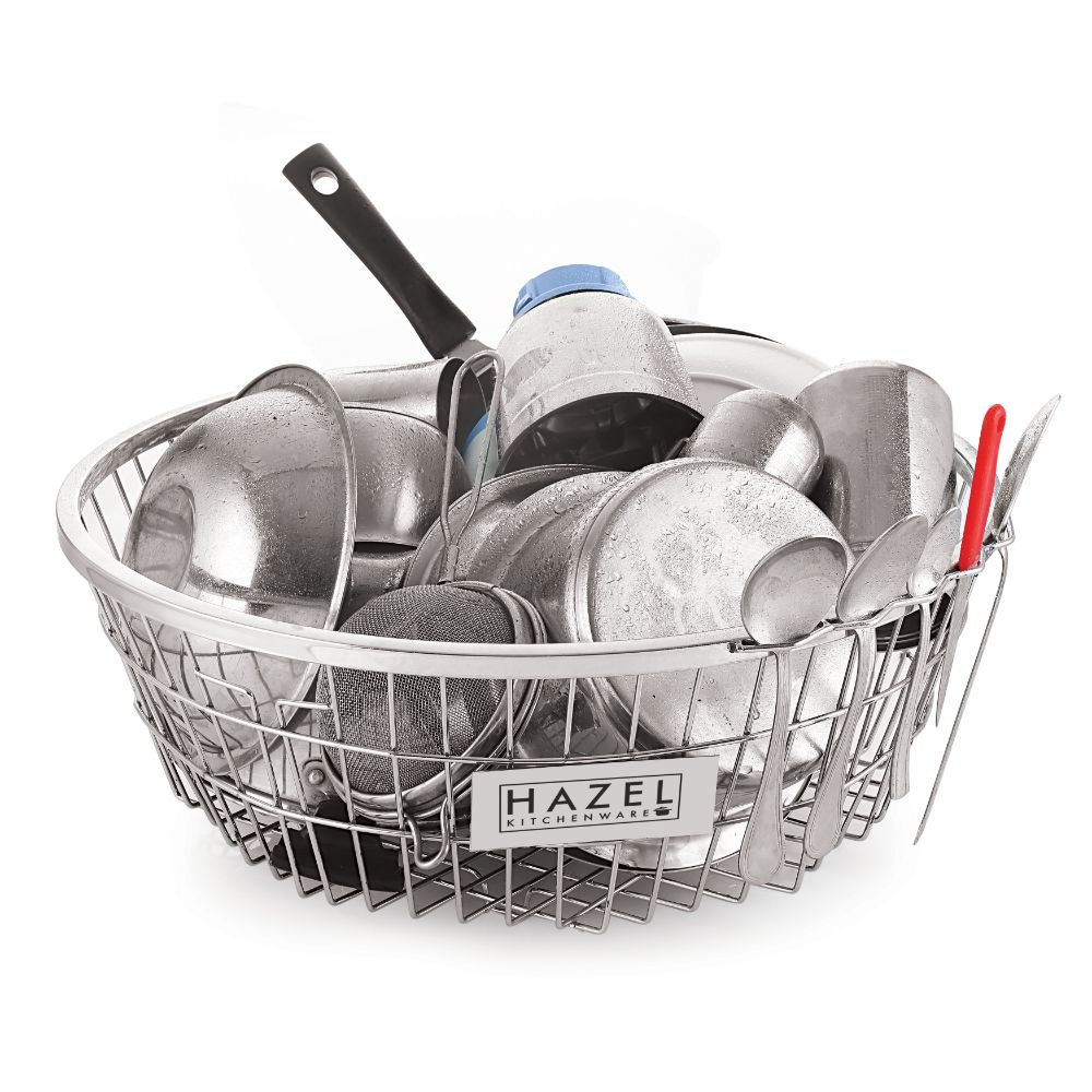 HAZEL Stainless Steel Dish Drainer Bowl Bartan Basket Utensil Drying Rack Round Medium Stand for Kitchen