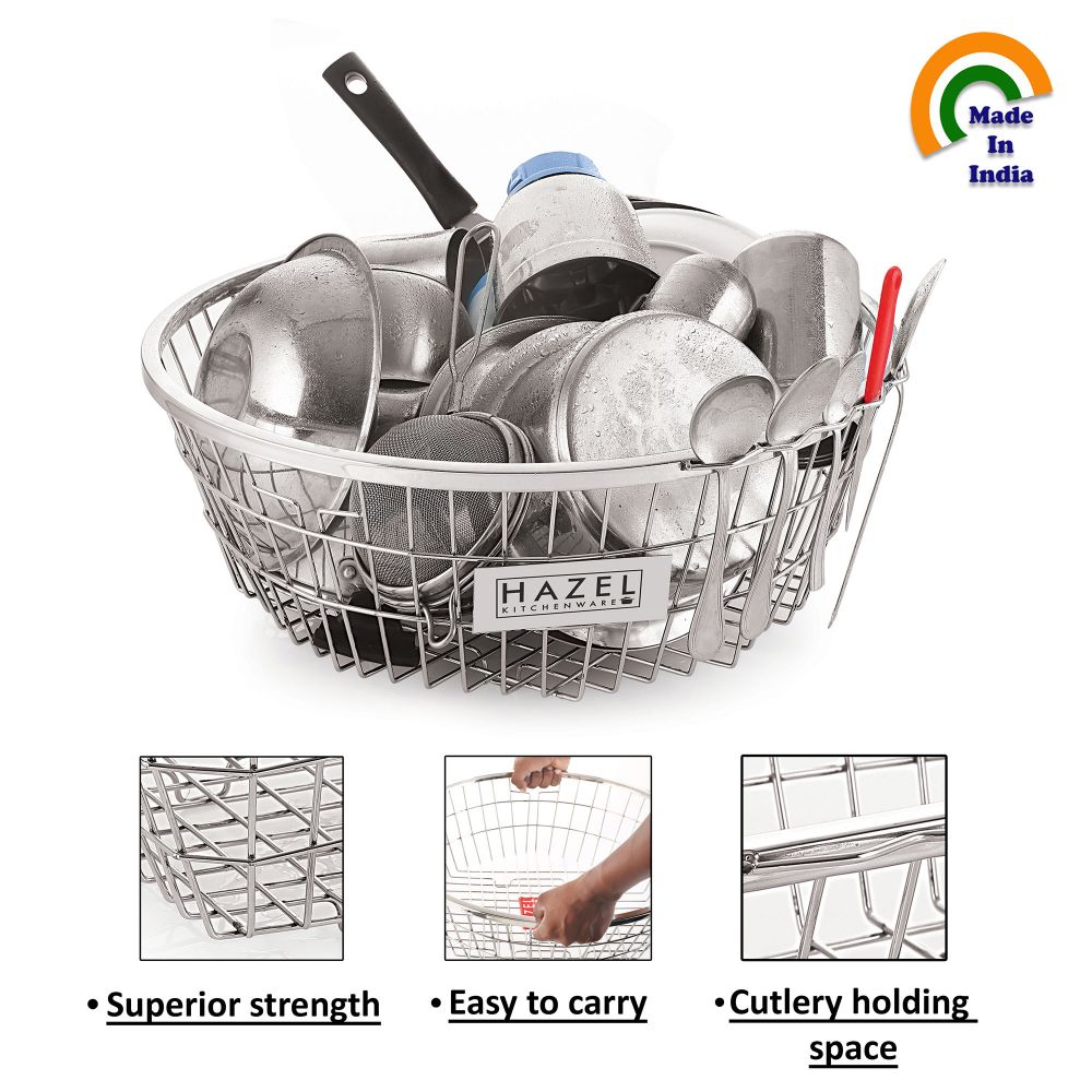 HAZEL Stainless Steel Dish Drainer Bowl Bartan Basket Utensil Drying Rack Round Medium Stand for Kitchen