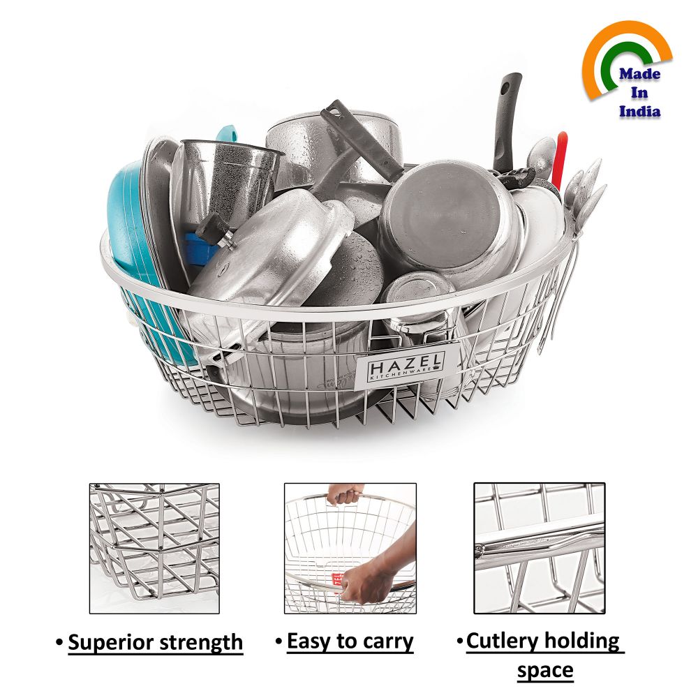 HAZEL Stainless Steel Dish Drainer Bowl Bartan Basket Utensil Drying Rack Round Large Stand for Kitchen