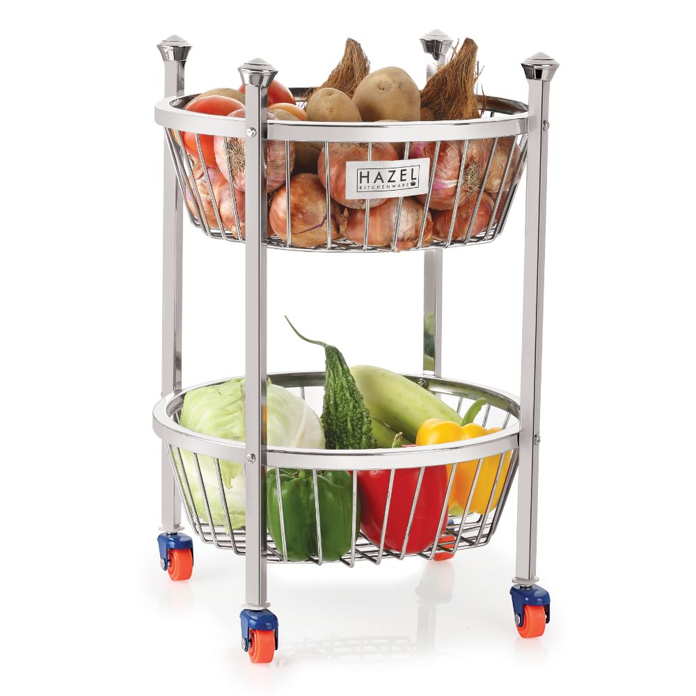 HAZEL Stainless Steel Fruit Vegetable Basket Kitchen Storage Trolley Rack Round Stand with Wheel, 2 Layer, 14.2 x 17.6 Inches
