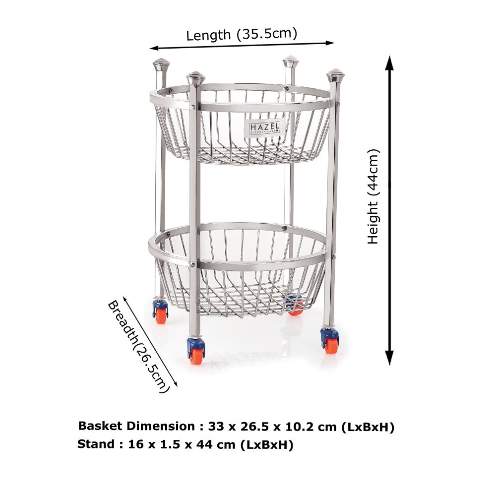 HAZEL Stainless Steel Fruit Vegetable Basket Kitchen Storage Trolley Rack Round Stand with Wheel, 2 Layer, 14.2 x 17.6 Inches