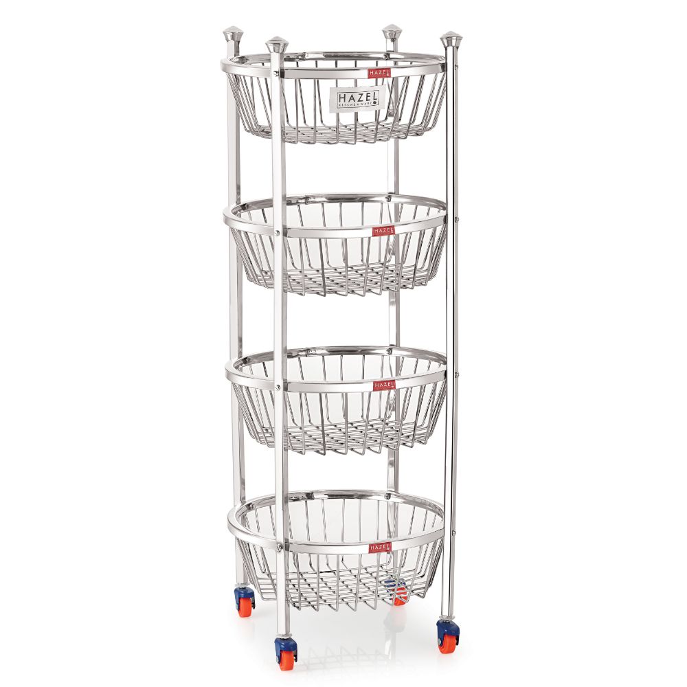 HAZEL Stainless Steel Fruit Vegetable Basket Kitchen Storage Trolley Rack Round Stand with Wheel, 4 Layer, 14.4 x 30.6 Inches