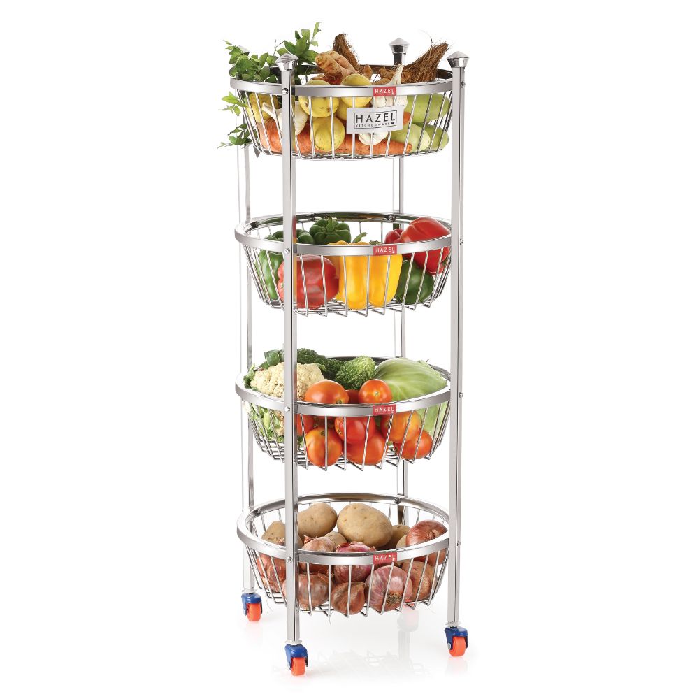 HAZEL Stainless Steel Fruit Vegetable Basket Kitchen Storage Trolley Rack Round Stand with Wheel, 4 Layer, 14.4 x 30.6 Inches