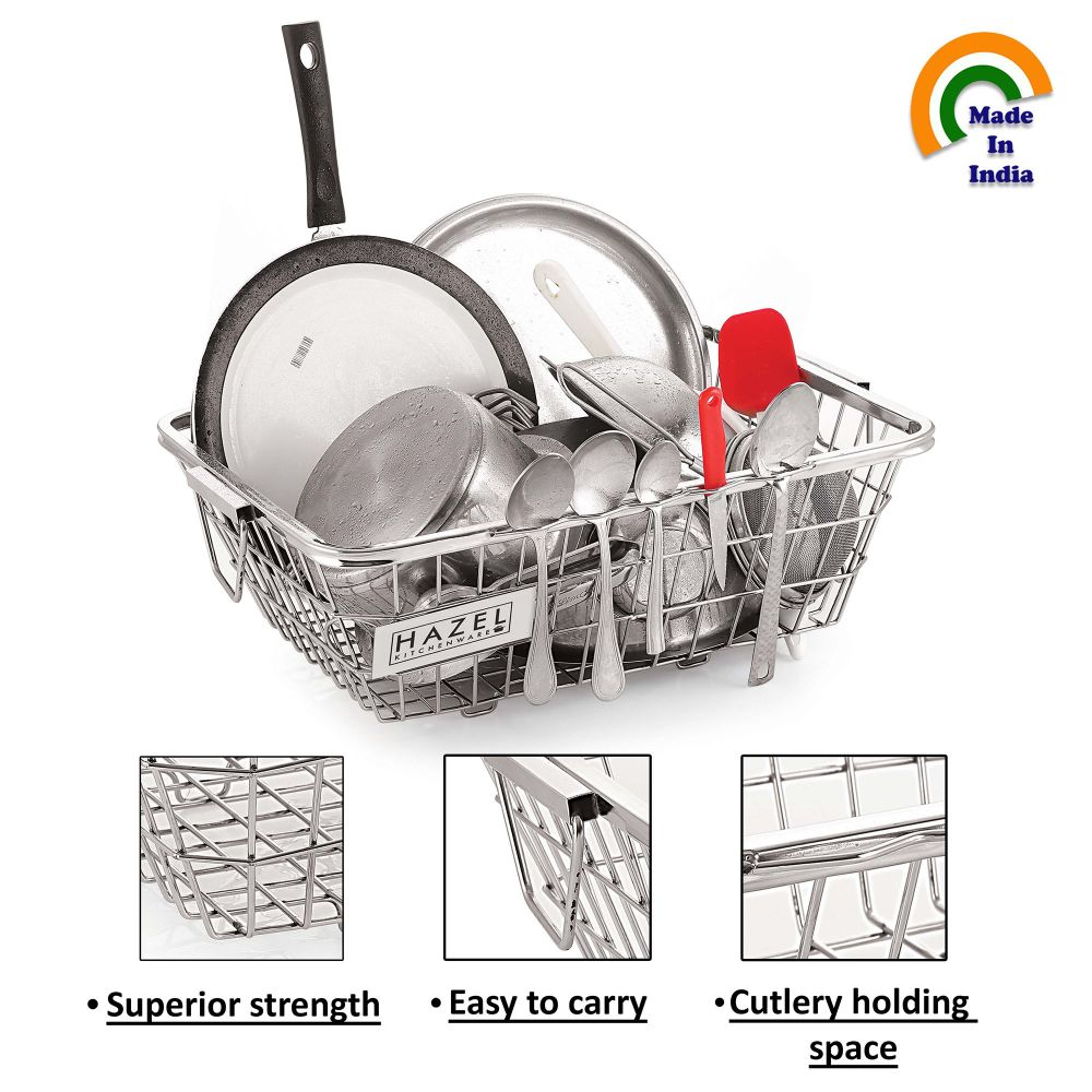 HAZEL Stainless Steel Dish Drainer Bowl Bartan Basket Utensil Drying Rack Square Medium Stand for Kitchen