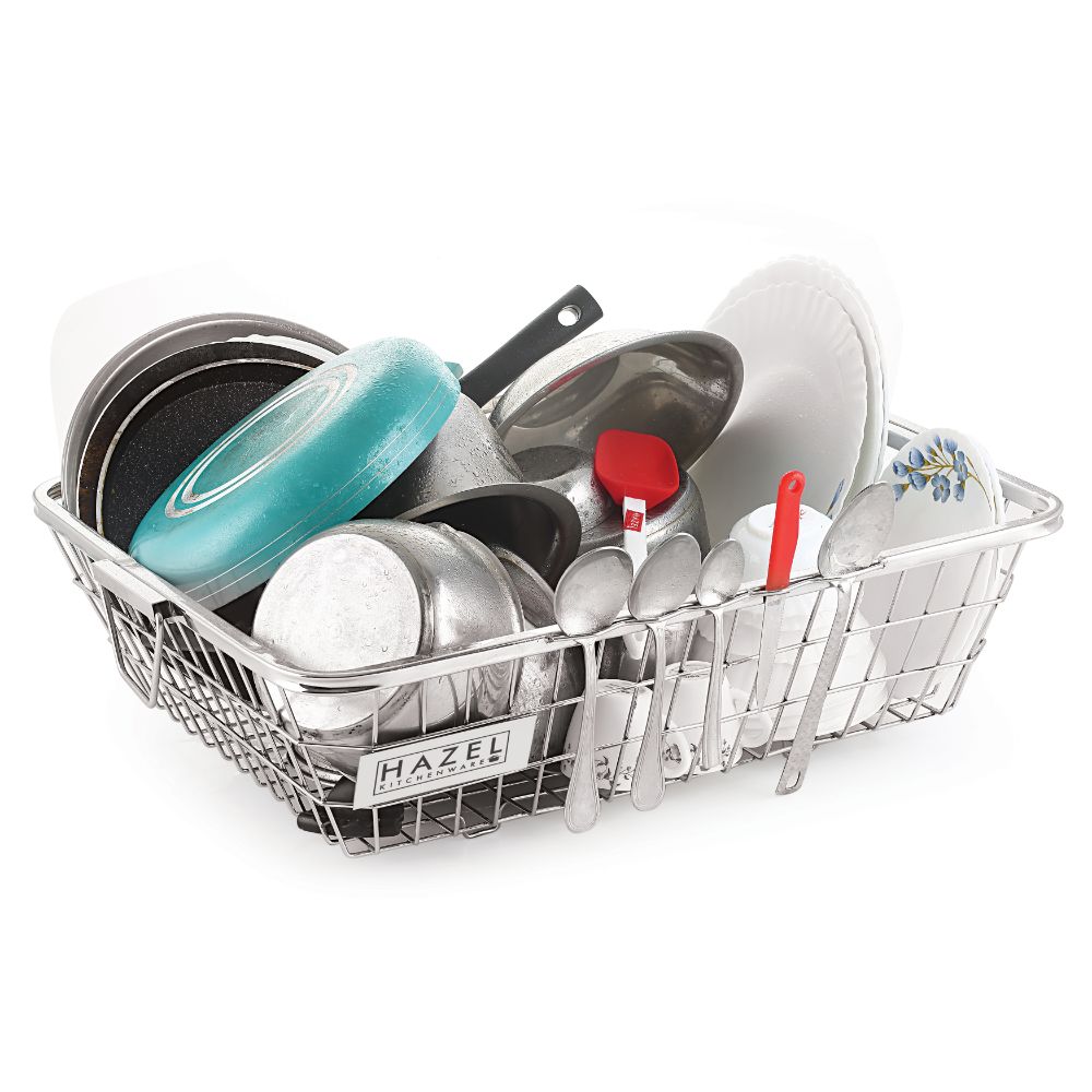 HAZEL Stainless Steel Dish Drainer Bowl Bartan Basket Utensil Drying Rack Square Extra Large Stand for Kitchen