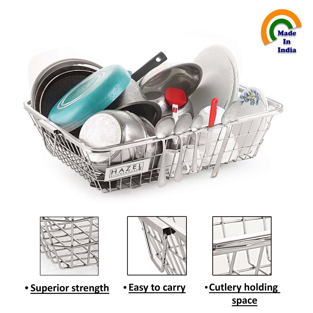 HAZEL Stainless Steel Dish Drainer Bowl Bartan Basket Utensil Drying Rack Square Extra Large Stand for Kitchen