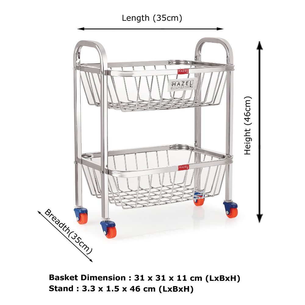 HAZEL Stainless Steel Fruit Vegetable Basket Kitchen Storage Trolley Rack Rectangle Stand with Wheel, 2 Layer, 14 x 18.4 Inches