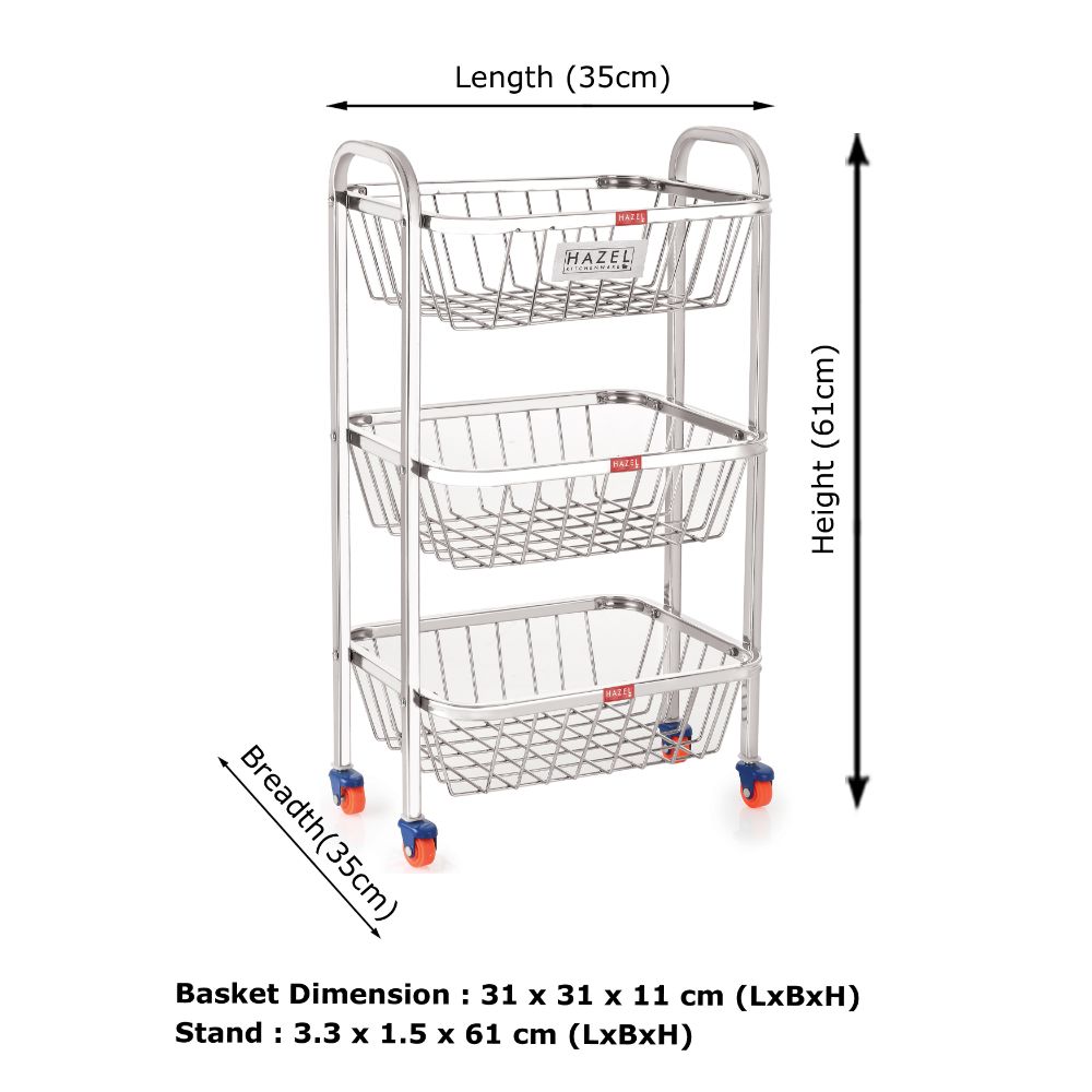 HAZEL Stainless Steel Fruit Vegetable Basket | 14 x 24.4 Inches Kitchen Storage 3 Layer | Trolley Rack Rectangle Stand with Wheels