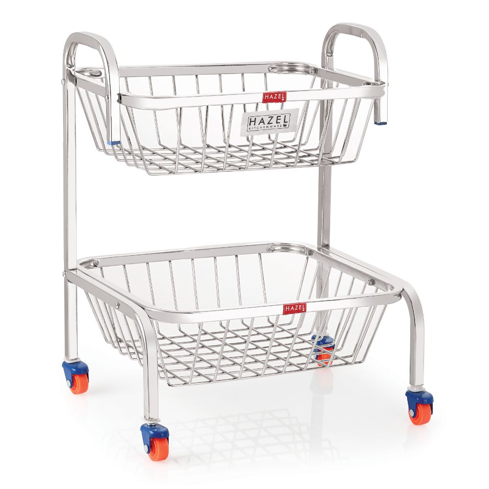 HAZEL Stainless Steel Fruit Vegetable Basket Kitchen Storage Trolley Rack Multi Shelves Stand with Wheel, 2 Layer, 18.2 Inches Height