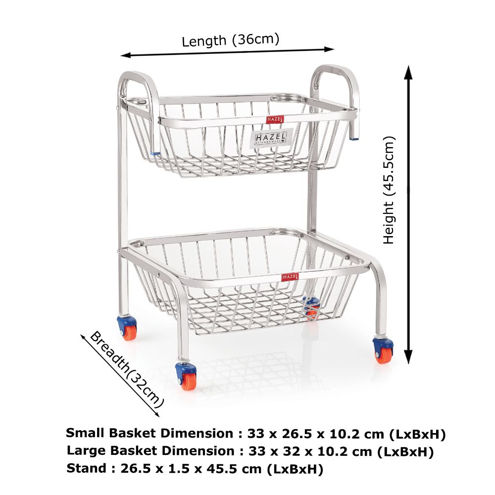 HAZEL Stainless Steel Fruit Vegetable Basket Kitchen Storage Trolley Rack Multi Shelves Stand with Wheel, 2 Layer, 18.2 Inches Height
