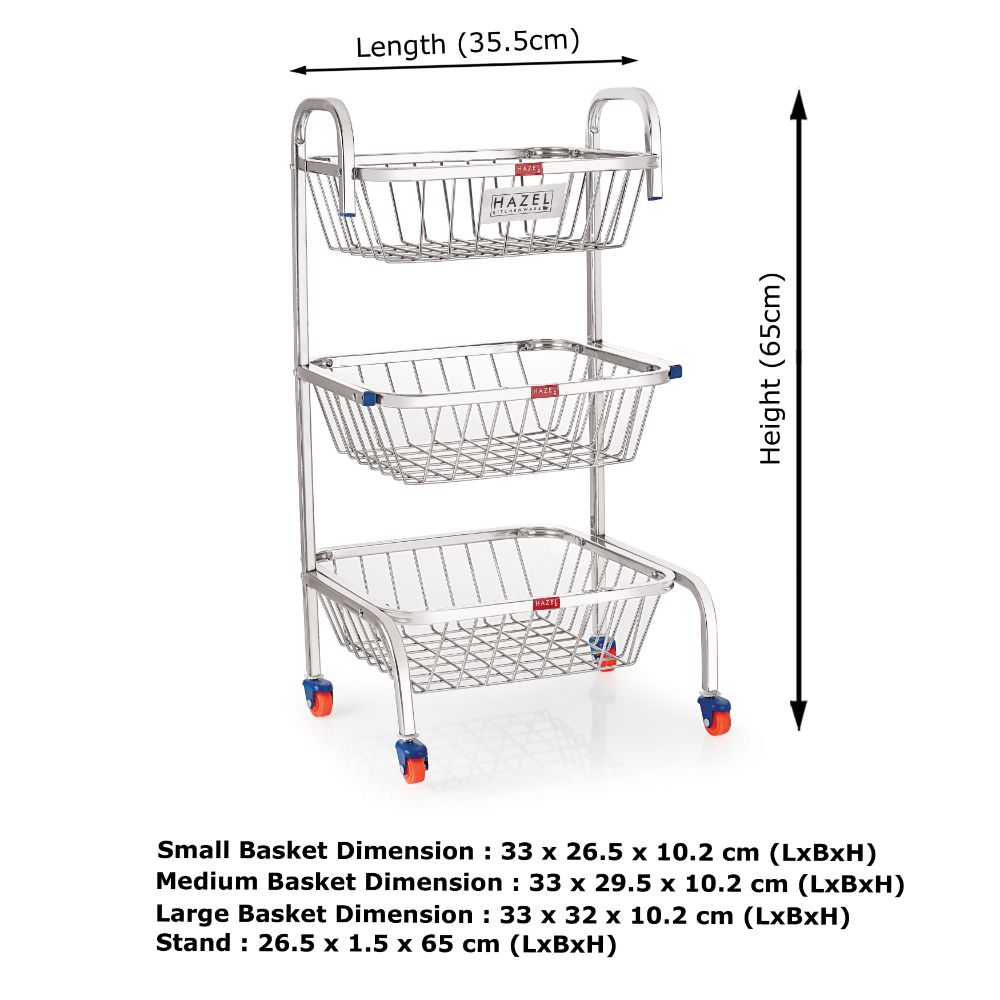 HAZEL Stainless Steel Fruit Vegetable Basket Kitchen Storage Trolley Rack Multi Shelves Stand with Wheel, 3 Layer, 26 Inches Height