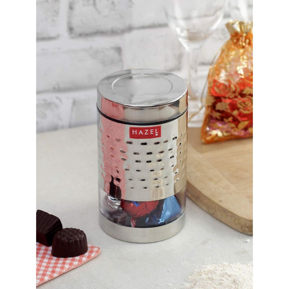 HAZEL Stainless Steel Hammered Finish Transparent Glossy See Through Container, 700 ML, Silver