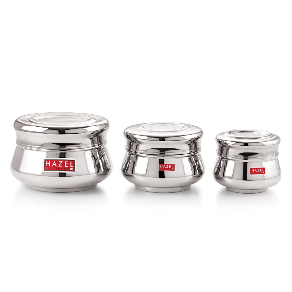 HAZEL Stainless Steel Unique Design Mataka Shape Container Set of 3 Pc, 950 to 2550 ml, Silver