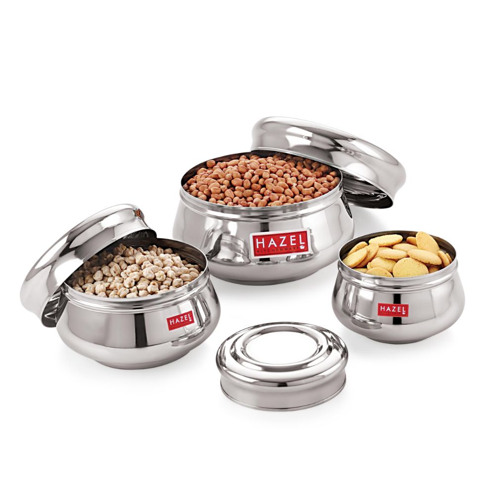 HAZEL Stainless Steel Unique Design Mataka Shape Container Set of 3 Pc, 950 to 2550 ml, Silver