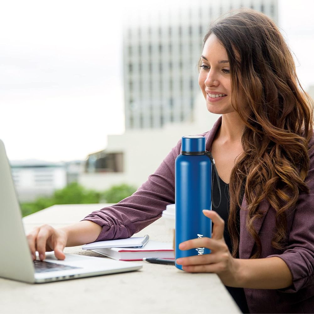 Milton Aura 750 Thermosteel Bottle, 750 ml, Dark Blue | 24 Hours Hot and Cold | Easy to Carry | Rust & Leak Proof | Tea | Coffee | Office| Gym | Home | Kitchen | Hiking | Trekking | Travel Bottle