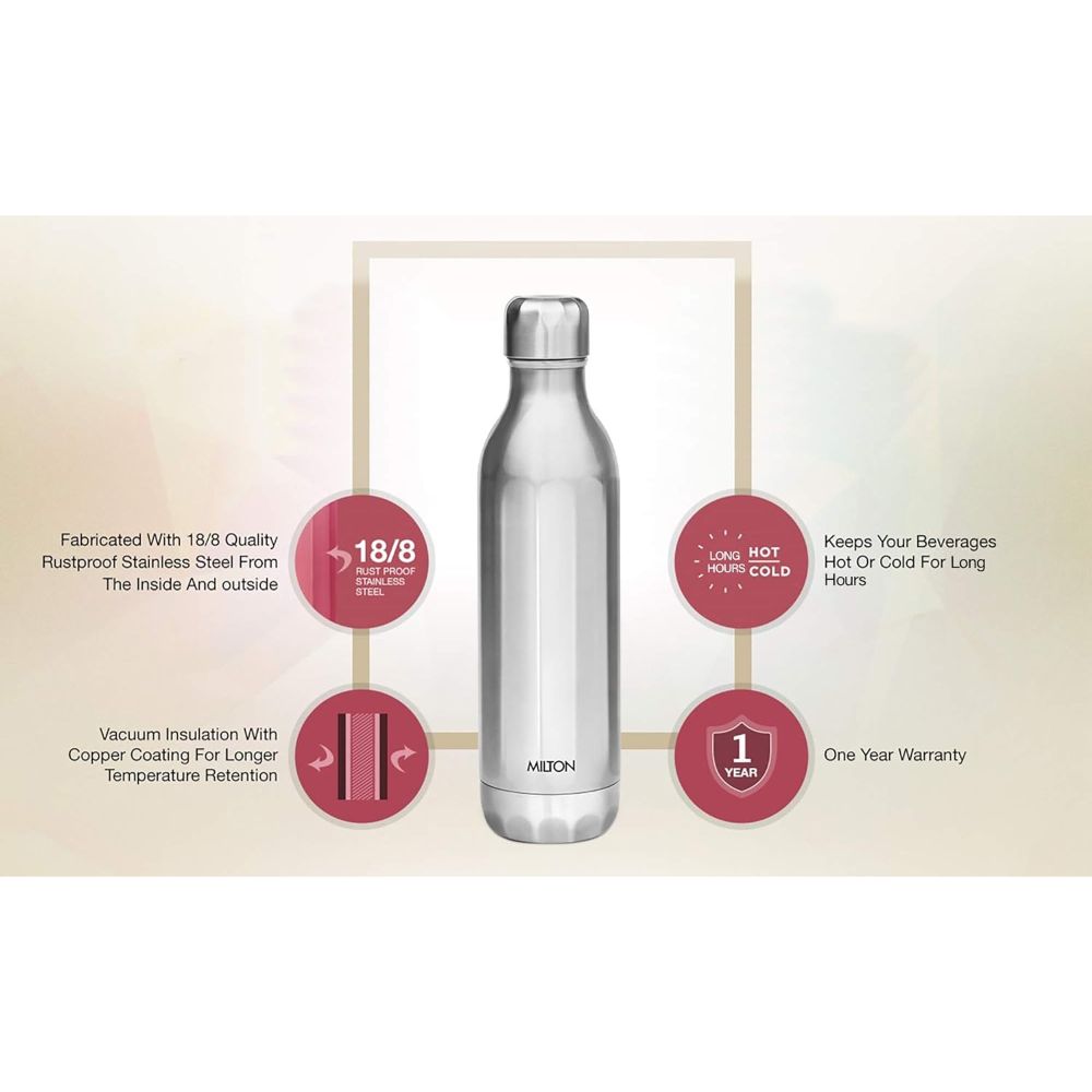 Milton BLISS 600 Thermosteel Vaccum Insulated Hot & Cold Water Bottle, 540 ml, Silver