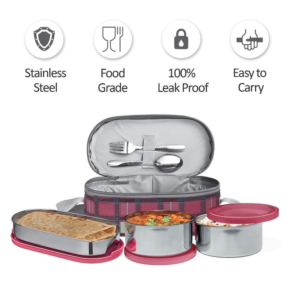 Milton Corporate Lunch 3 Stainless Steel Container Lunch Box with Bag, Pink, 500 & 280 ml
